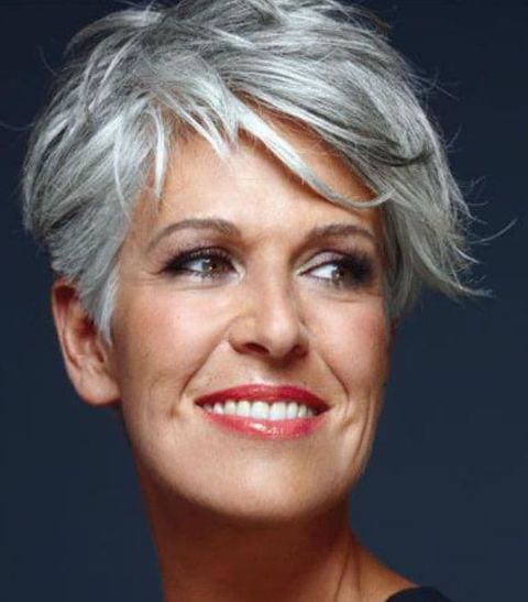 Asymmetrical short haircut with gray hair color shades 2021-2022