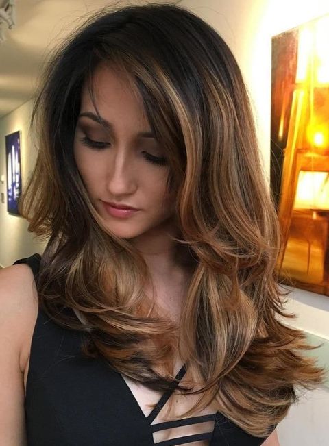 Brown ombre wavy long layered haircut