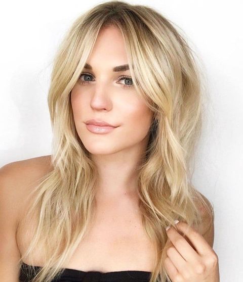 Center parted blonde color mid-length hair