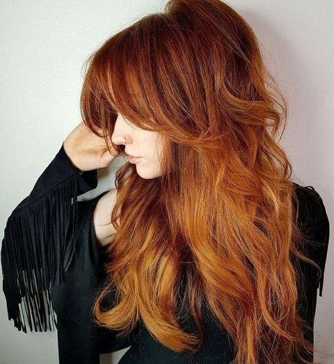 Red long hairstyles with bangs