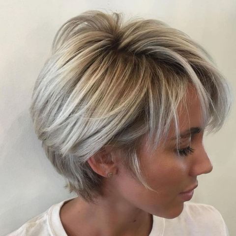 Platinum balayage layered short hair