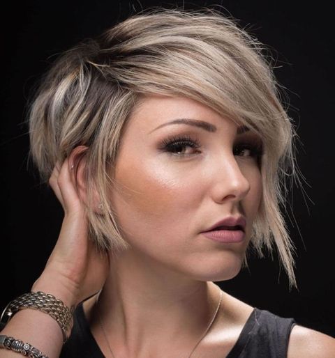 Balayage blonde color layered short bob