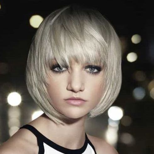 Layered blonde short bob with bangs