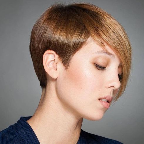 Brown color straight hair long pixie cut