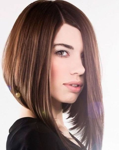 Balayage brown color asymmetrical long bob