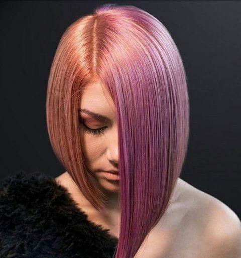 Pink color asymmetrical bob hair cut