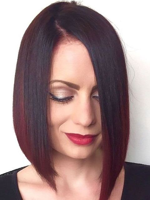 Red balayage asymmetrical long bob hairstyle