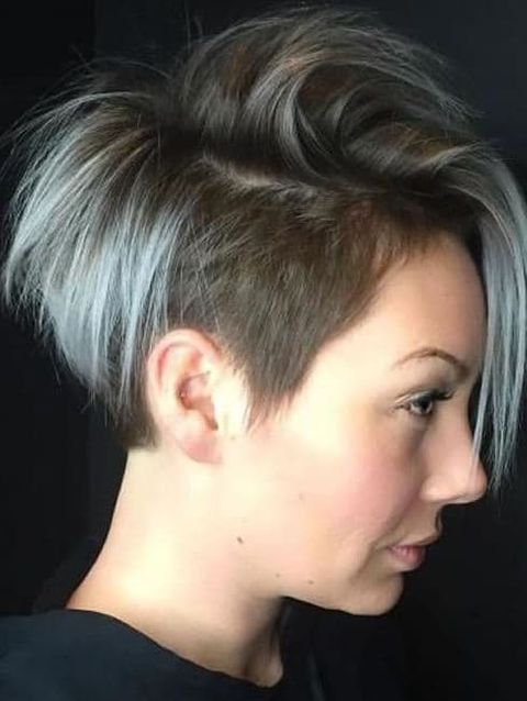 Grey hair color undercut short haircut with long bangs 2020