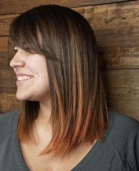 Brown balayage shoulder length hair with bangs