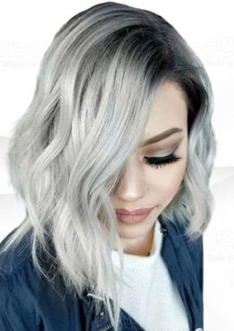 Grey hair color asymmetrical long bob cut